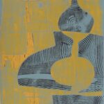Studio Still Life 3, acrylic monopirnt collage on paper abstract vase form colors are yeloows and aqua